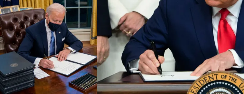 Two photographs side by side: President Joe Biden, wearing a face mask, signing a document at the Resolute Desk beside a stack of folders; and a close-up of a president in a dark suit and red tie signing an order at the same desk