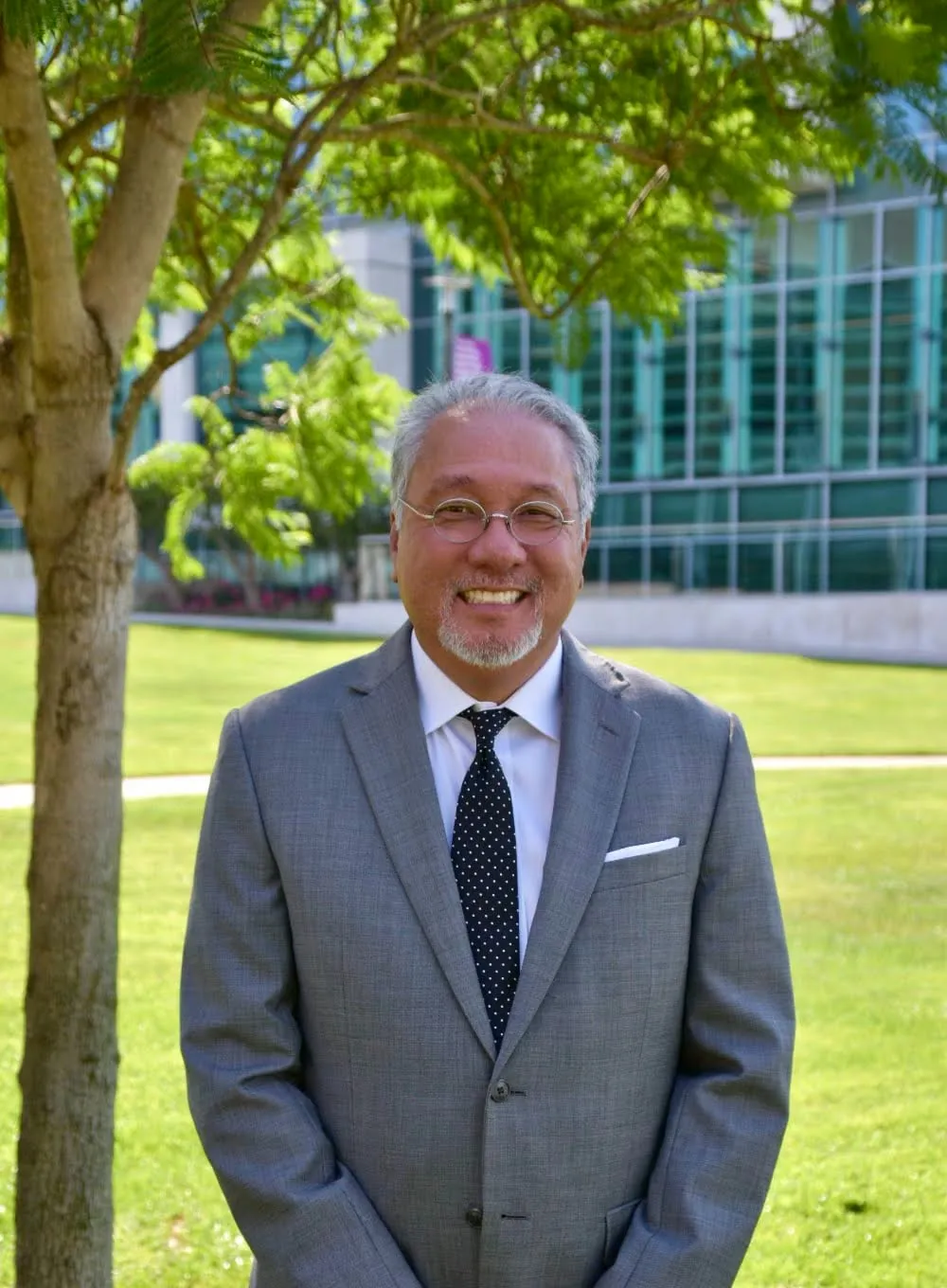 Ross Chun in a grey suit and polka-dot tie, standing on a lawn beside a tree outside a glass-fronted civic building