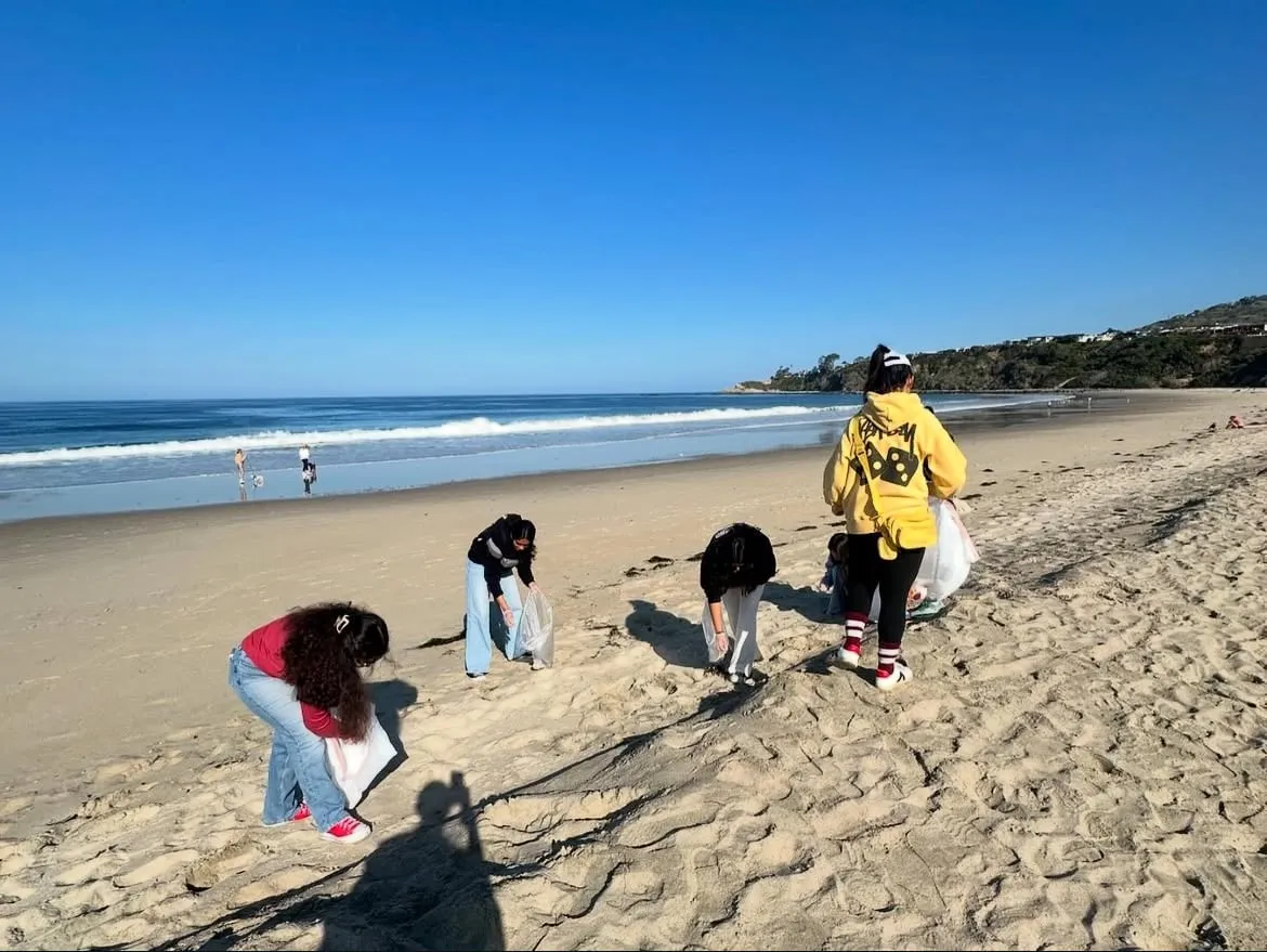Five members spread out across an empty stretch of sand on a clear blue morning, bending down to pick up litter into bags with the surf breaking behind them